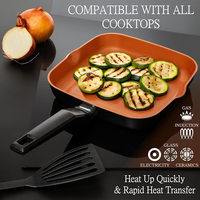 Moss & Stone 9.5" Grill Pan For Indoor Cooking, Induction Copper Pan | Aluminum Square Frying Pan Copper, Non-Stick Sauté Fry Pan for Meats & Vegetables, Griddle Nonstick Stove Top Grill Pan