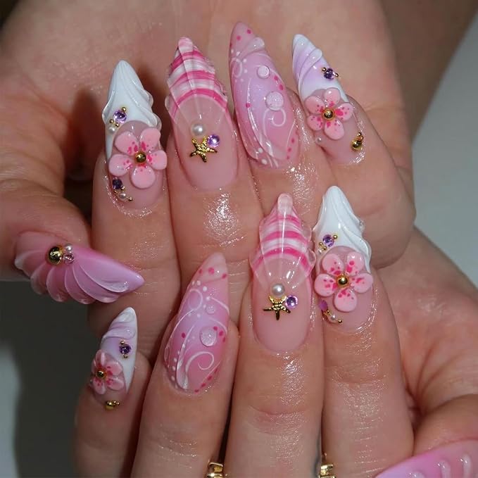 Summer French Tip Press on Nails Long Almond Pink Gradient Fake Nails 3D Floral Nails with Starfish Rhinestone Designs Vacation Beach False Nails Full Cover Artificial Nails for Women Manicure 24Pcs