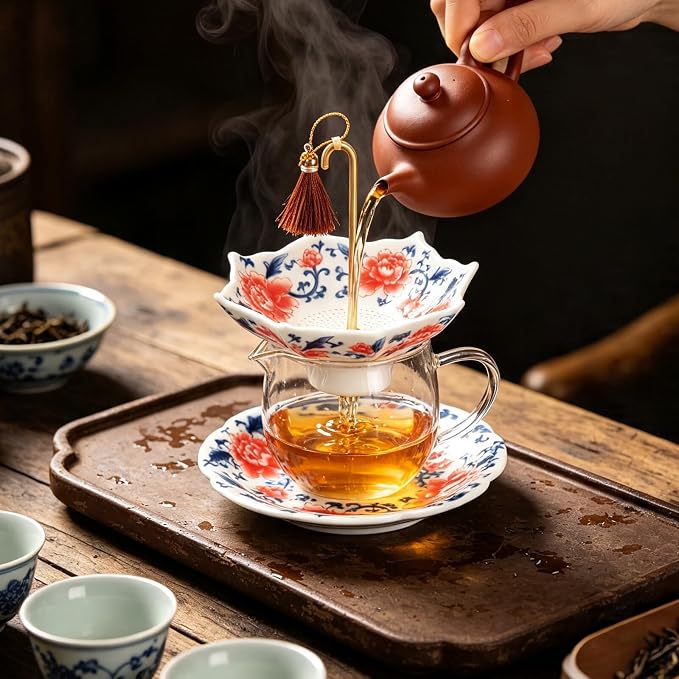 Blue and White Porcelain Umbrella Tea Infuser, Rotating Ceramic Loose Leaf Tea Strainer Filter with Base, Fine Mesh Tea Filter for Home Tea & Coffee Brewing, Unique Decorative Tea Gift (Red)