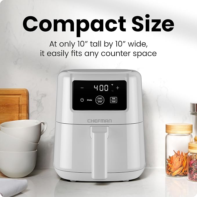 CHEFMAN 2 Qt Mini Air Fryer – Digital Space-Saving Compact Air Fryer with Nonstick and Dishwasher Safe Basket, Quick & Easy Meals in Minutes, Features Digital Timer and Shake Reminder – White