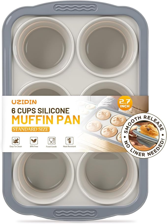 Silicone Muffin Pan, 6 Cups Non-Stick Cupcake Pan, Food-Grade BPA-Free Muffin Tin, Oven-Safe 450 °F, Reinforced Steel Frame, Easy-Grab Handles, Quick-Release 2.7" Baking Molds for Mini Treats