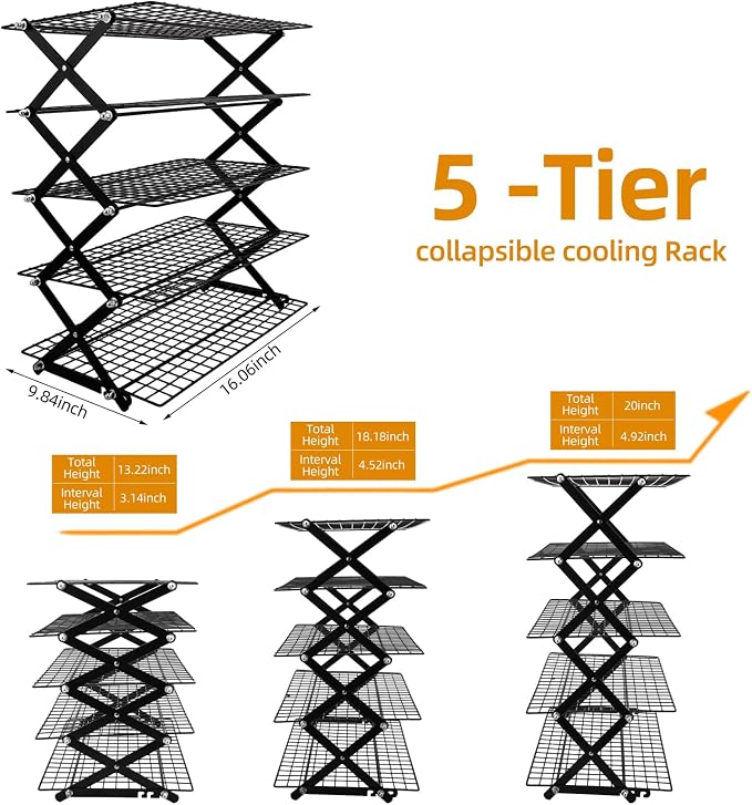 2/3/4/5-Tier Collapsible Cooling Rack with Adjustable 3 Setting Design Stackable Wire Baking Rack Cooling Racks for Cooking and Baking Roasting Cookies Pizza Gifts for Women