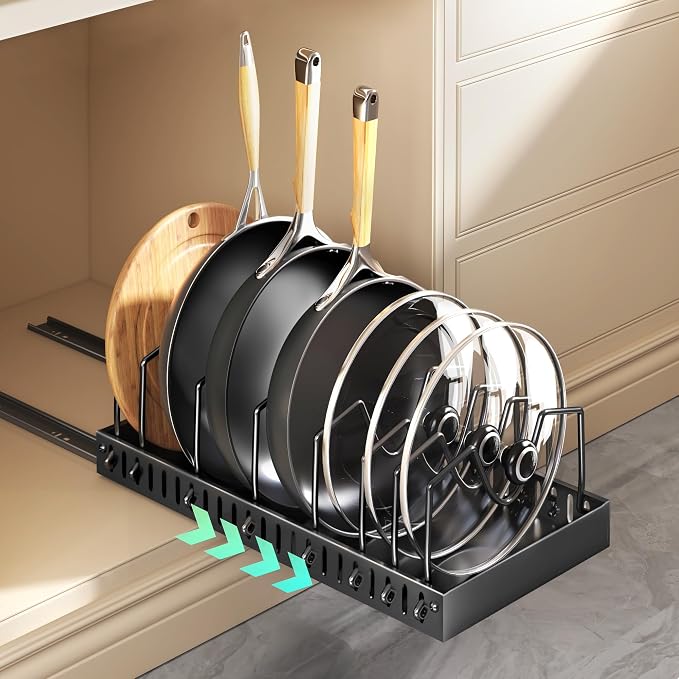 Lozovin Pull Out Pots and Pans Organizer Under Cabinet, Sliding Lid Holder and Pan Rack in Kitchen, Slide Out inside Cabinet Storage for Pot Lid, Bakeware, Dishes, 8 Adjustable Dividers, 1 Pack Black