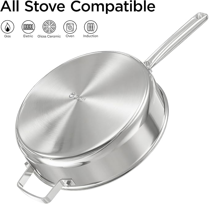 COOKER KING 3.6Qt Sauté Pan w/Lid, Stainless Steel Deep Skillet for Frying | Non-Toxic Uncoated Cookware, Dishwasher & Oven Safe, Induction Ready, Stay-Cool Handle, 3-Ply Clad for Fast Heat