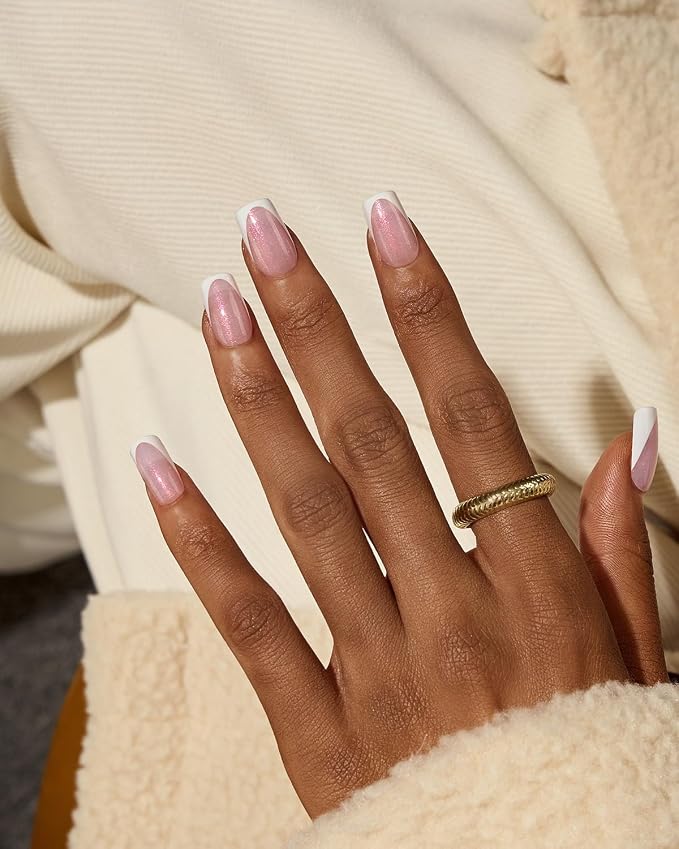 BTArtboxnails XCOATTIPS White French Tip Press On, S Square, Pink Glitter | Lamp-Curable 4-Week Wear, Salon Quality Value at Home, Natural Nail Look, Easy-to-Apply for Beginners, 96ct Nail Tips Only