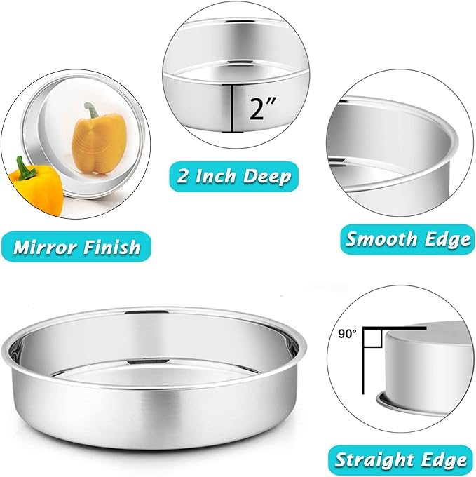 P&P CHEF 9.5 Inch Round Cake Pan Set of 3, Stainless Steel Baking Cake Pans | Round Baking Cake Pan Bakeware for Layer Birthday Cake, Fit Oven/Pots/Pressure Cooker, Leakproof & Dishwasher Safe, Silver