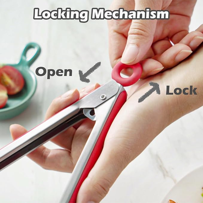 9" Kitchen Tongs for cooking with Silicone Tips, 3Pcs Serving Tongs, Red | Small Silicone Tongs mit kickstand, Food Grade, 3 different type of tongs, Stainless Steel