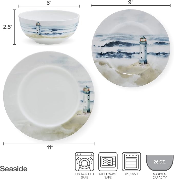 Mikasa Seaside Coastal Bone China Lightweight Chip Resistant 12 Piece Dinnerware Set, Service for 4