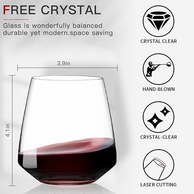 Stemless Wine Glasses Set of 6-15oz【Hand-Blown】 Durable Red White Wine Glasses,Unique Crystal Gifts for Him/Her for Wedding, Birthday,Father's Day