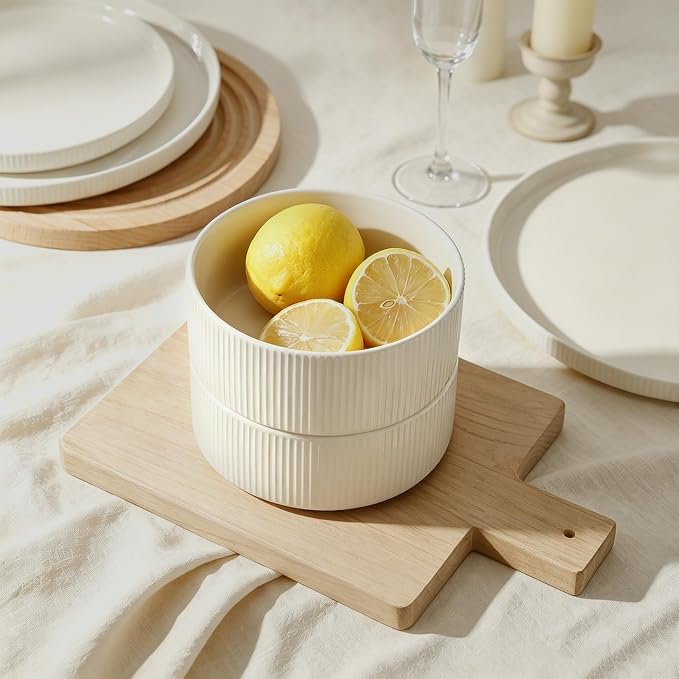 Stoneware Dinnerware Sets for 4, 12Pcs Plates and Bowls Set, Cream White | Handmade Reactive Glaze Ceramic Dishes, Microwave and Dishwasher Safe, Modern Minimalist Ribbed Tableware for Everyday Use