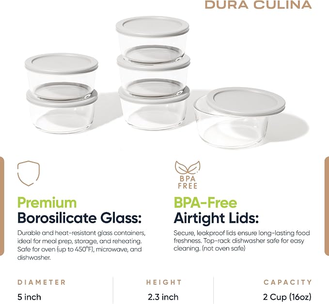 12-Piece Glass Food Storage Containers Set (6 Containers + 6 BPA-Free Lids) | 2-Cup, Leakproof | Microwave, Freezer, Oven & Dishwasher Safe | Ideal for Meal Prep & Pantry Organization, Grey