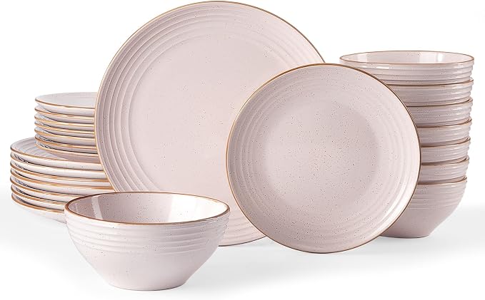 Famiware Jupiter Stoneware Dinnerware Sets for 8, Rimmed Plates and Bowls | 24-Piece Ceramic Speckled Dish Set, Chip & Scratch Resistant, Microwave & Dishwasher Safe, Rustic Modern Style, Neutral Pink