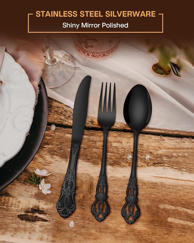 EUIRIO 40 Pieces Black Silverware Set, Royal Retro Flatware Set for 8, Stainless Steel Cutlery Set with Luxury Forks Spoons and Knives, Utensils Set Mirror Polished, Dishwasher Safe