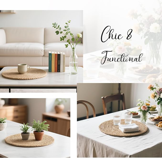 13 Inch Placemats Set of 12, Boho Round Rattan Place Mats for Dining Table Decor, Rustic Woven Chargers for Dinner Plates, Outdoor Patio, Farmhouse Wedding, Water Hyacinth Wicker Braided Placemat