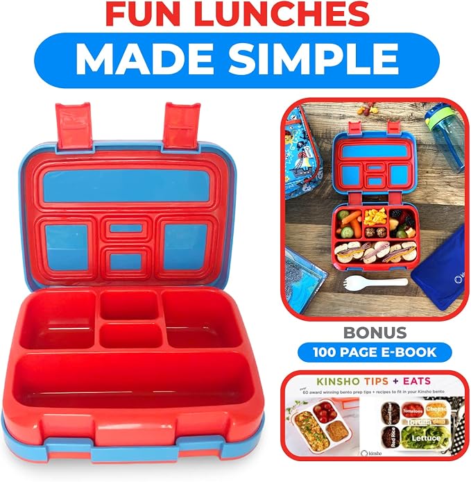 kinsho Bento Lunch Box Container for Kids, Boys Age 3 to 5, Blue Pirates | 5 Portion Sections, BPA-Free Spill-Proof Leakproof Removable Plastic Tray, Snacks and Lunches for Toddlers Pre-School Daycare