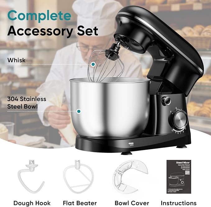 OLIXIS 6.3 Qt Stand Mixer, 10-Speed Tilt-Head Electric Mixer for Baking | Include dough hook, whisk, flat beater & splash lid. 10 speeds handle cakes, cookies & bread dough. Compact, easy-clean bowl