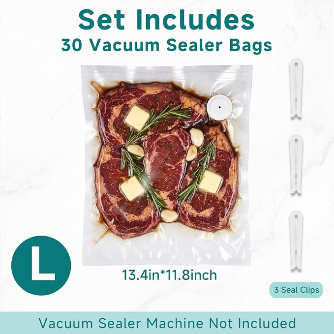 Reusable Vacuum Sealer Bags, 30 Large Bags, 11.8 x 13.4 in | BPA-free, Freezer and microwave safe, Leak-proof and odor-resistant, Compatible with most handheld vacuum sealers