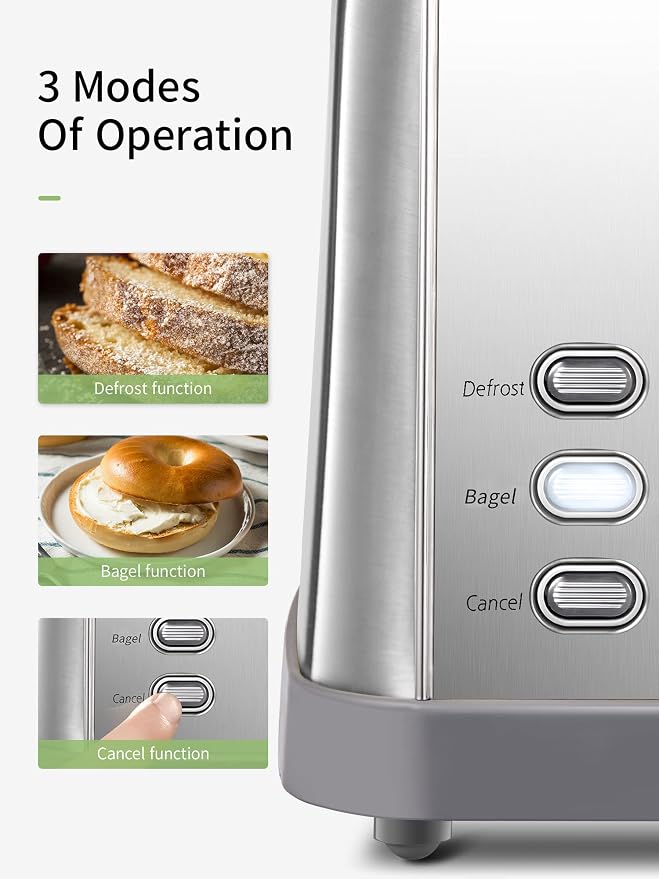 Yabano 4 Slice Stainless Steel Toaster with Extra Wide Slots | 7 Shade Settings, High Lift Lever, Bagel And Muffin Function, Removable Crumb Tray, Warming Rack, Silver Finish