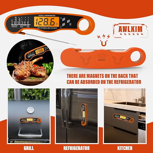 AWLKIM Meat Thermometer Digital, Instant Read Food Thermometer, Orange | Waterproof cooking thermometer with doneness chart, backlight, F/C switch for BBQ, candy, oil