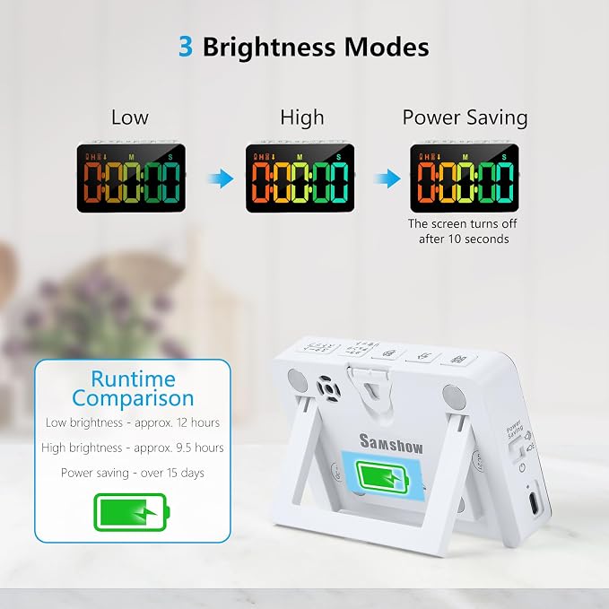 Samshow Rechargeable Digital Kitchen Timer, 2 Packs, Color Change | 10 Dynamic RGB Color, Countdown/Up, 3 Brightness 4 Volume Adjustable, Magnetic, 5" LED Display, For Classroom/Home/Classroom