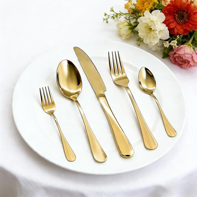 20 Piece Silverware Set, Kitchen Utensils Set for Restaurant & Home, Stainless Steel Cutlery Set, Flatware Set include Forks, Knives, Spoons, Gold