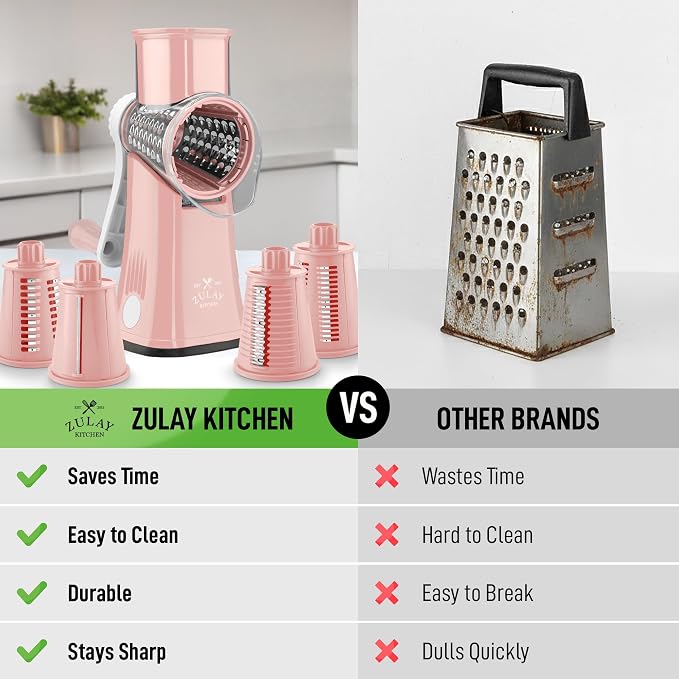 Zulay Kitchen Rotary Cheese Grater 5 Blade Cheese Shredder - Manual Hand Crank Cheese Grater With Reinforced Suction & 5 Interchangeable Drums - Easy to Use, Vegetable Chopper Round Mandoline Slicer