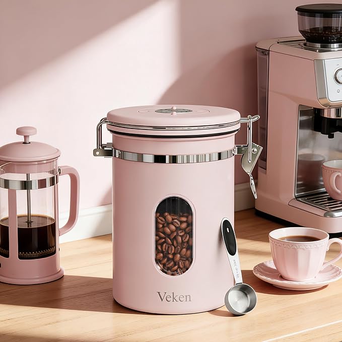 Veken Coffee Canister with Window, Airtight Stainless Steel Container, 22OZ | Date Tracker,Kitchen Food Storage Organizers for Beans, Ground, Espresso, Rice,Tea, Sugar,Cereal, Gifts,Lids,Jars,Scoop, Pink
