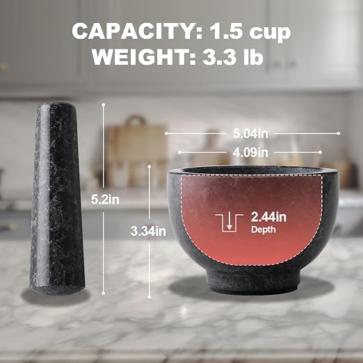 African Natural Granite Mortar and Pestle Set, Grinder Bowl for Guacamole, Salsa, Pill Crusher, Spice, Herb, Garlic, Nut, Heavy Duty Grinder for Kitchen (Glossy Finish)