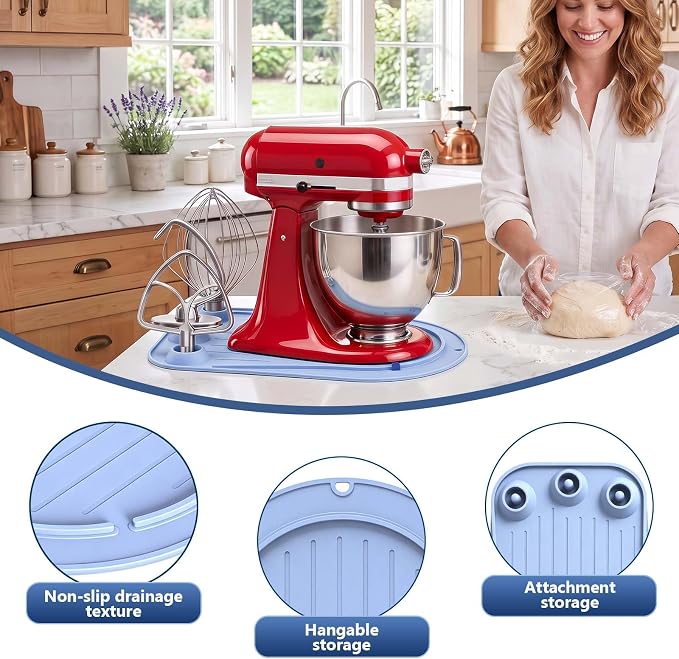Upgraded Mixer Slider Mat for KitchenAid 4.5-5 Qt Tilt-Head Stand Mixer | Silicone Countertop Mover with 3 Attachment Storage Slots, Non-Slip Mixer Pad Organizer for Dough Hook Whisk Flat Beater
