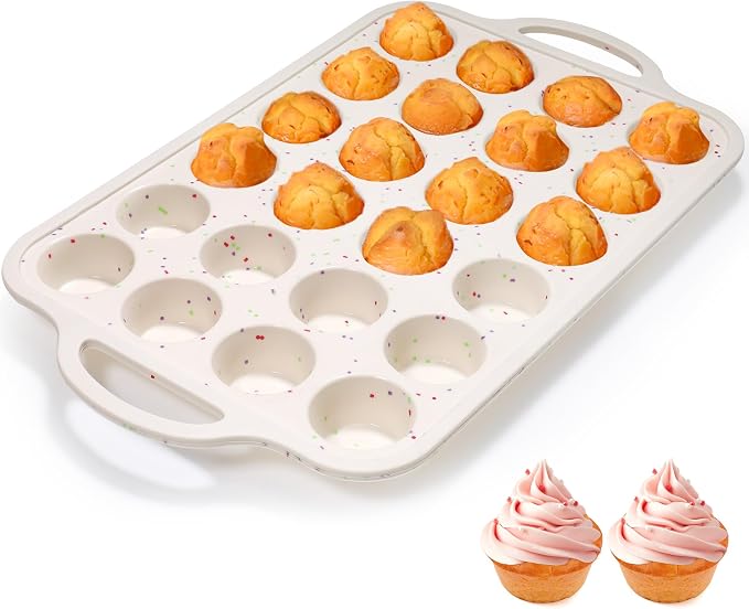 FUNBAKY Silicone Mini Muffin Pan with Metal Frame - Nonstick 24 Cups Mini Muffin Tin Handles, Oven Safe for Muffin, Cupcake, Egg Bites, Confetti