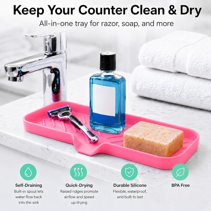 MicoYang Silicone Soap Dish with Drain Spout — Self-Draining Double Sink Organizer Tray for Kitchen & Bathroom, Dispensers, Sponges & Soap Holder, Non-Slip & Dishwasher Safe, Rose (Large, 12"×4")