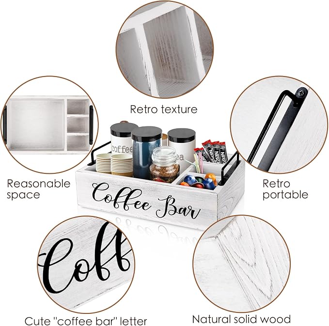 MINCORD Coffee Station Organizer Wooden Coffee Bar Organizer | Farmhouse Kcup Coffee Bar Accessories Pod Storage Holder Basket with Handle for Countertop - White