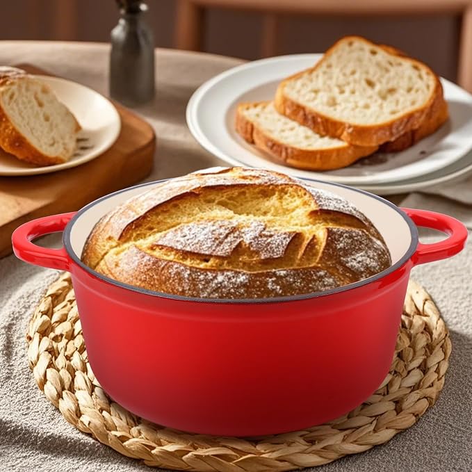 6 Quart Enameled Cast Iron Dutch Oven Pot with Lid Red | Silicone Accessories, Oven Safe up to 500°F, Non-stick Dutch Oven for Bread Baking, Cooking, Dual Handles Cookware