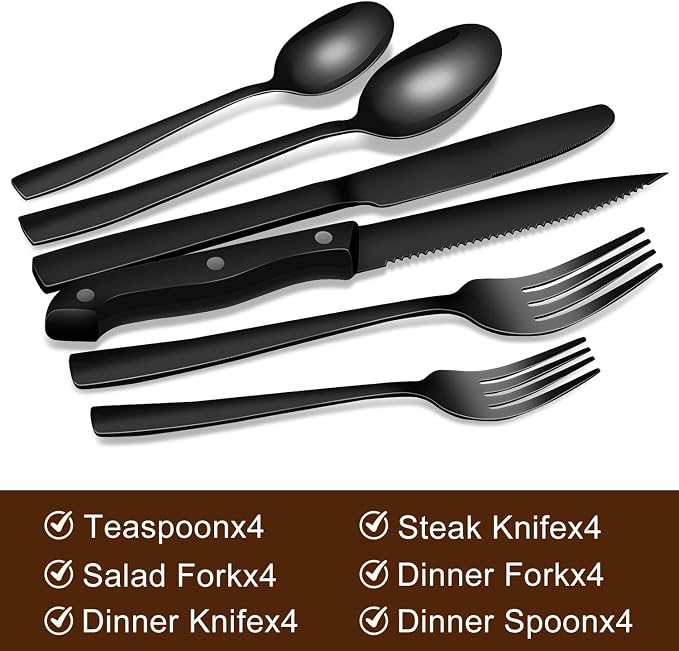 24-Piece Black Silverware Set for 4, Stainless Steel Flatware Set with Steak Knives & Utensil Sets - Mirror Finish Cutlery for Home & Restaurant