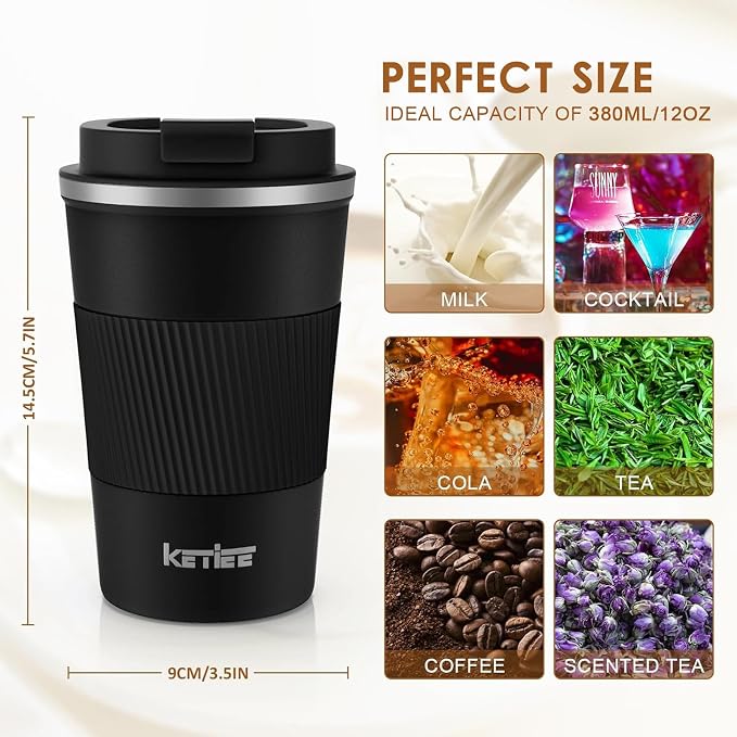 KETIEE Travel Mug 12oz, Vacuum Insulated Coffee Mug with Leakproof Lid, Travel Coffee Tumbler Stainless Steel Double Walled Reusable Coffee Cup for Hot and Iced Water (Black)