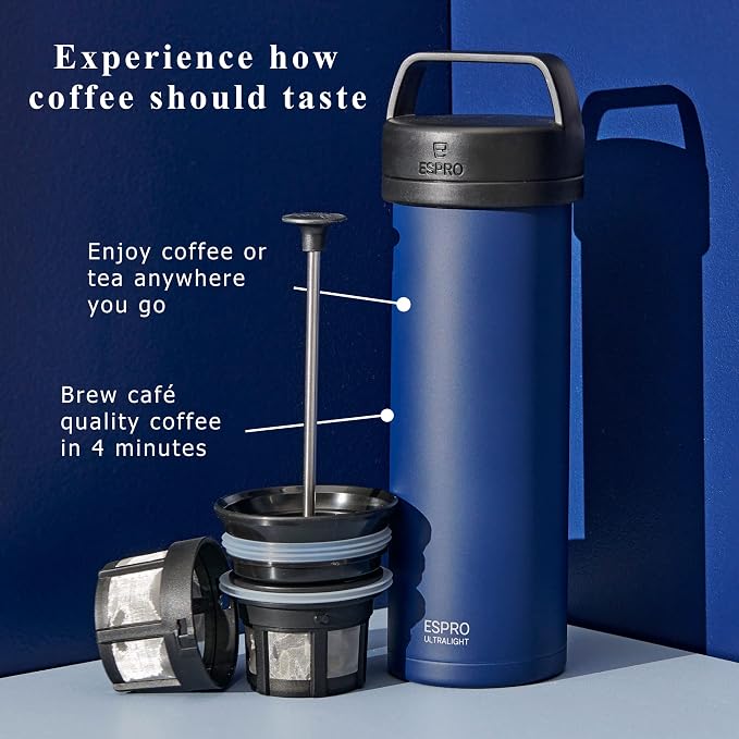 ESPRO Go P0 Ultralight French Press Coffee Maker for Travel, Vacuum Insulated Stainless Steel, 16 Ounces, Aegean Blue