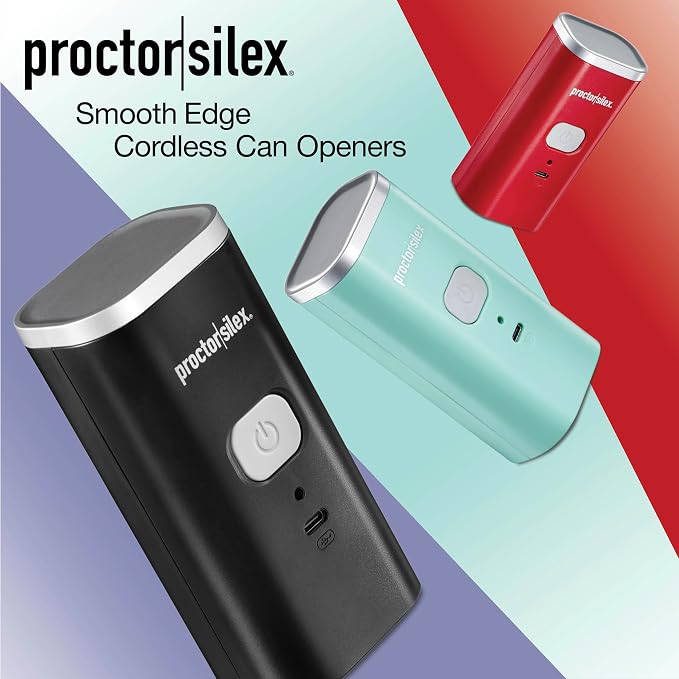 Proctor Silex Hands-Free Cordless USB Rechargeable Electric Can Opener | Automatic Shutoff | Self-Aligning | Smooth Touch Lid Edges | Compact & Easy to Store | Black | 76502