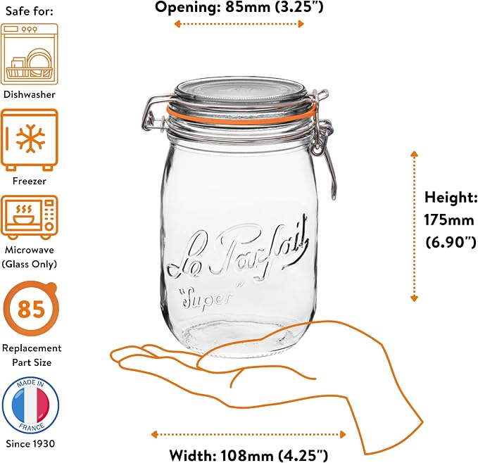 Le Parfait Super Jar 1L (32oz) Glass Canning Jar, Wire Bail Lid, 1 Pack | Airtight rubber seal for canning, preserving pickles, sauces and whole fruit, fermentation and pantry storage; Made in France