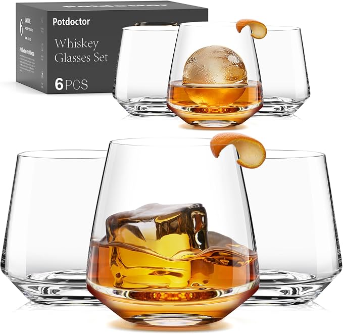 Whiskey Glasses Lead-Free Crystal Old Fashioned Glass Clear Set of 6 13.5oz | whiskey glasses with ergonomic curved shape, Holds ice balls，elegant gift choice for whiskey lovers