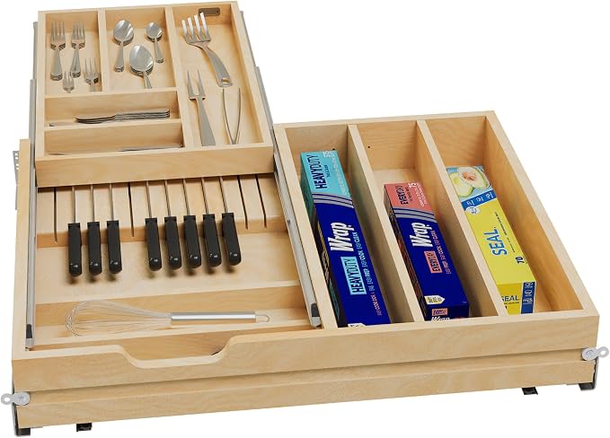 Rev-A-Shelf Maple Two-Tier Combination Replacement Drawer System w/BLUM Soft-Close for Face Frame Base Kitchen Cabinets, Kitchen Drawer Organizer, Min Opening Width of 27", 4WTCD-30HSC-1