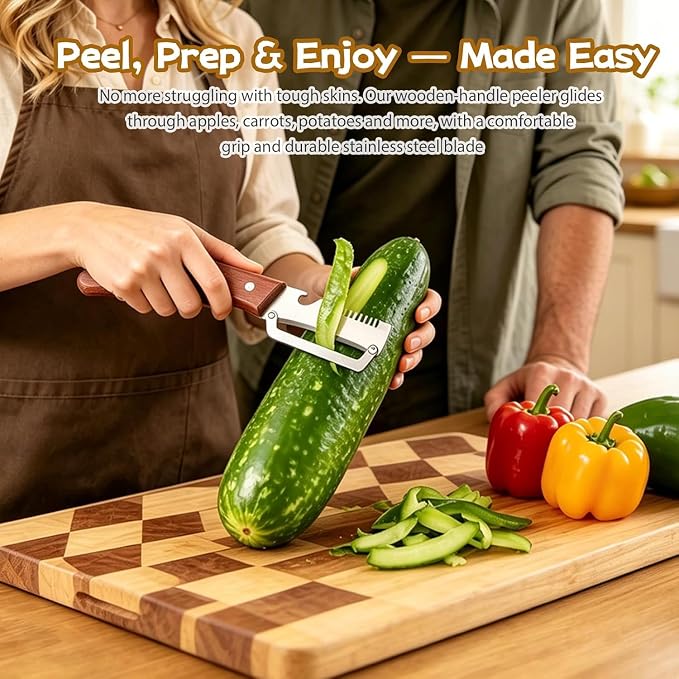 Premium Vegetable Peeler with Wooden Handle and Bottle Opener: 2-in-1 Stainless Steel Kitchen Tool for Fruit Apple Potato Pumpkin Papaya (2pcs)