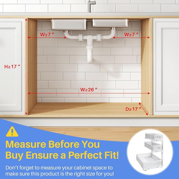 Under Sink Organizer, 3-Tier Thickened Metal Pull out Cabinet Organizer Shelf, Height Adjustable Slide out Storage Drawer Rack for Kitchen Bathroom Pantry Laundry Home Organization, 1-Pack, White | 35% Extra Storage Capacity, Carbon Steel, Hold Up 55lb...