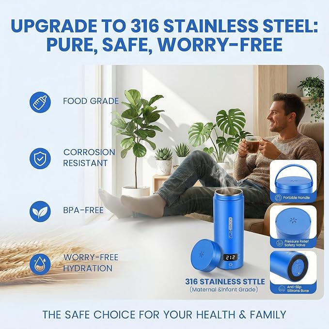 Travel Kettle,Portable Electric Kettle with Temperature Control, Brews Two Cups of Coffee, 316 Stainless Steel Inner Tank, Elegant Blue