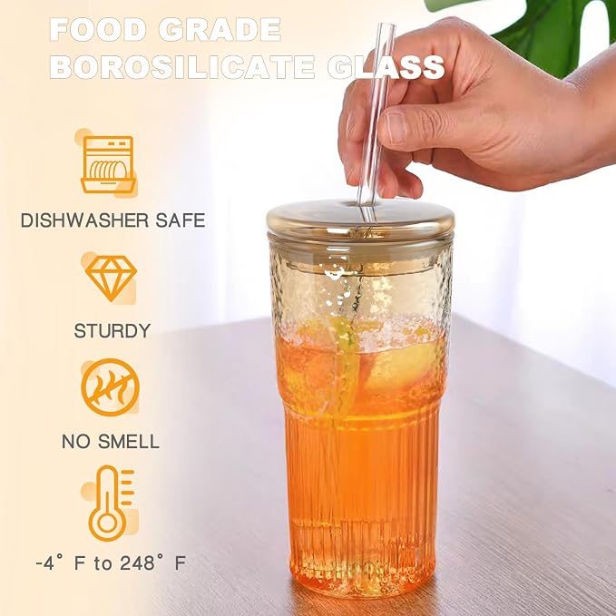 JunVpic Glass Coffee Tumbler, 20 oz Glass Cup with Lid and Straw | Amber glass design, Hammered Texture, reusable straw and lid for iced coffee, tea, smoothies and hot & cold drink