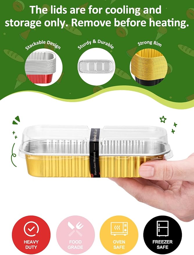 NEEBAKE 150 Pack 6.8 oz Disposable Mini Loaf Pans with Lids and Spoons - 6.5x2.5x1.2 Mixed Color Aluminum Loaf Pans, Small Aluminum Tin Foil Baking Pan, Food Containers for Baking, Cakes, Bread