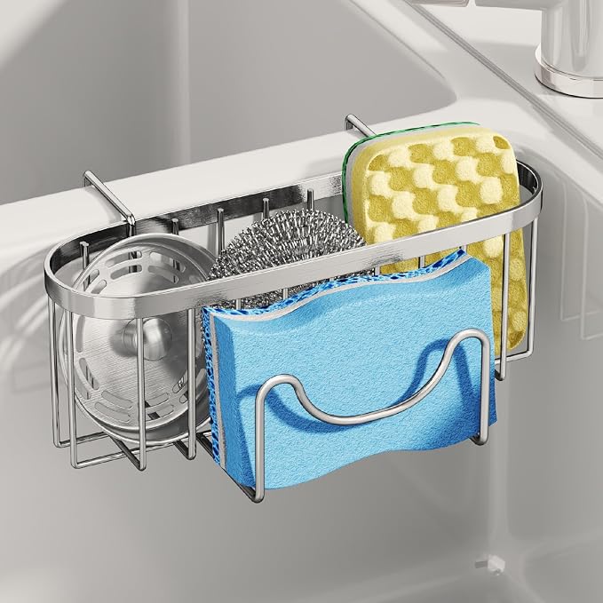 SWTYMIKI Sponge Holder for Kitchen Sink - Movable Kitchen Sink Caddy with M Shape Hook Stainless Steel Hanging Sponges Caddy Organizer in Double Bowl Sinks Depth>3.15in, Middle divider<1.5in, Silver L