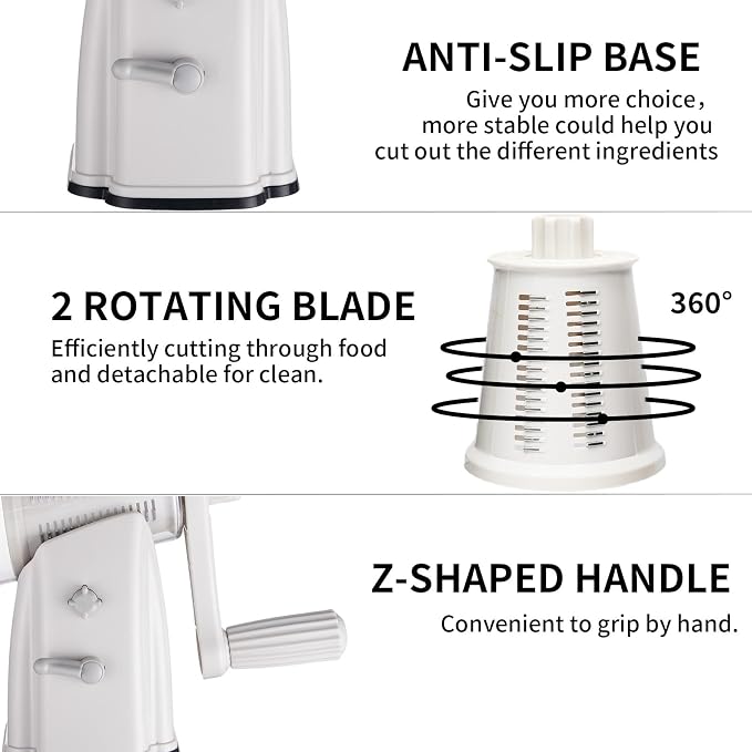 Upgrade Rotary Cheese Grater Shredder with Handle, Strong Suction Base, Multi-purpose Rotary Grater Slicer with 5 Interchangeable Blades for Ice, Vegetables, Fruit, Nuts with Blade Storage Box