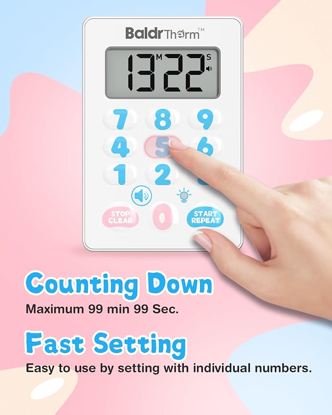 Digital Kitchen Timer Waterproof, Strong Magnetic Cooking Timer with 3 Adjustable Volume Levels & Silent Flashing Light, Countdown Timer for Cooking, Baking Shower, Classroom, Cute