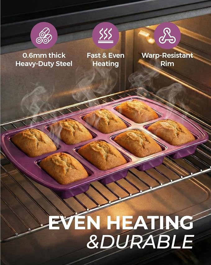 CARTMAN 2-Pack 8-Cavity Mini Loaf Pans, Carbon Steel Bread Pan Set, Purple | Includes spatula & brush, 0.6mm carbon steel, nonstick release, for banana bread, mini meatloaf, ideal for keto & meal prep