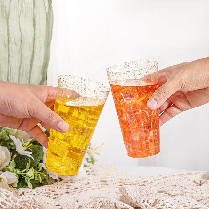 I00000 16 oz Gold Plastic Cups, 50 Pack Gold Glitter Plastic Cups Tumblers Disposable Party Cup Wedding Cup, Heavy-duty Plastic Disposable Glasses Ideal for Birthday, Wedding & Party
